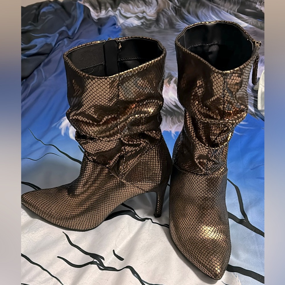 Gold snakes skin stiletto boots